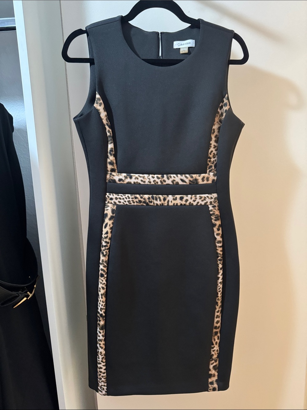 Calvin Klein Black Mini Sheath Dress with Leopard Trim
